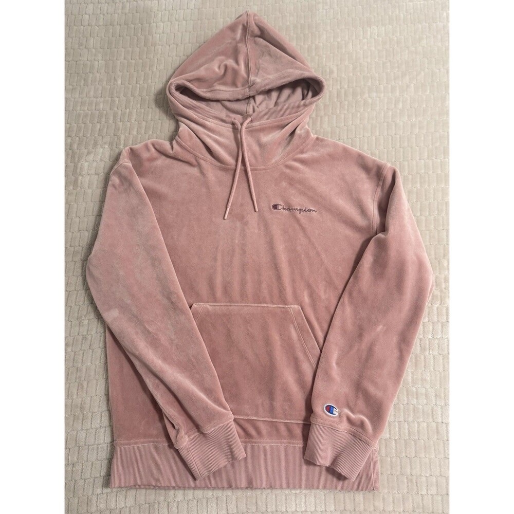 Champion Pink Velour Pullover Hoodie Drawstring Women’s Size S